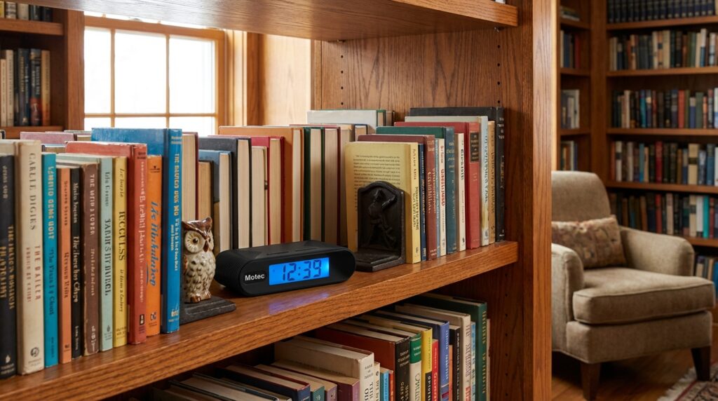 fm20-책장-1024x572 로우메이트 FM20 탁상시계 - 1080p 고화질 숨겨진 렌즈의 초소형카메라